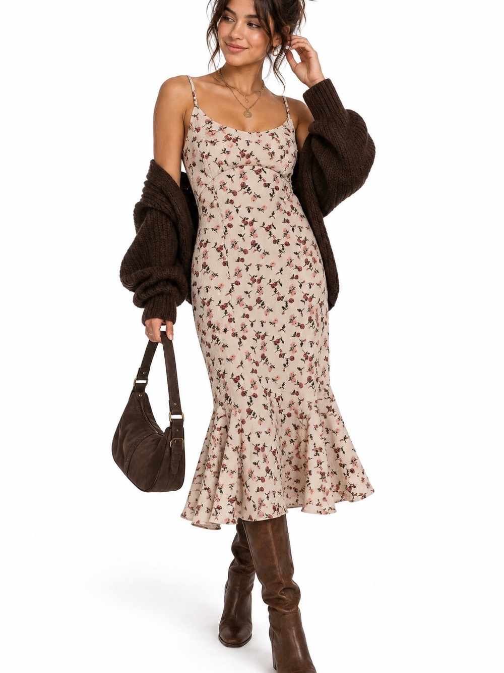 Beige Floral Spaghetti-Strap Midi Dress